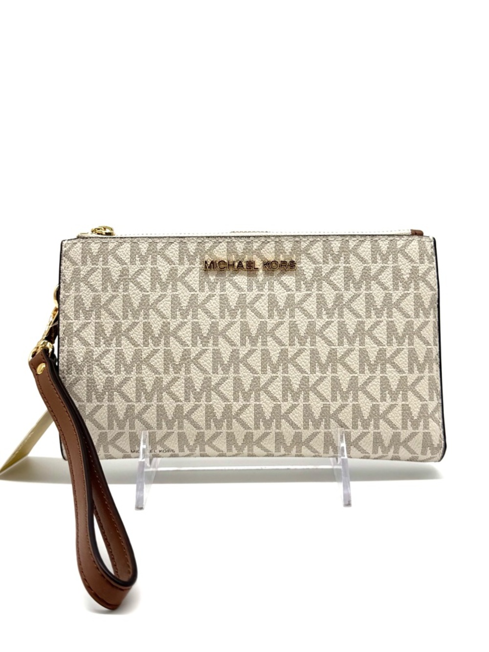 Michael Kors Large Double Zip Wallet Wristlet Vanilla/Brown